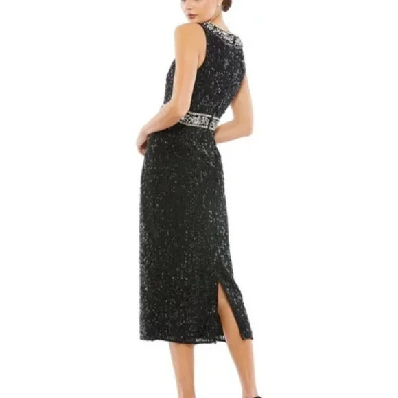 Mac Duggal Black Sequin Sleeveless Sheath Midi Cocktail Dress - Picture 3 of 3